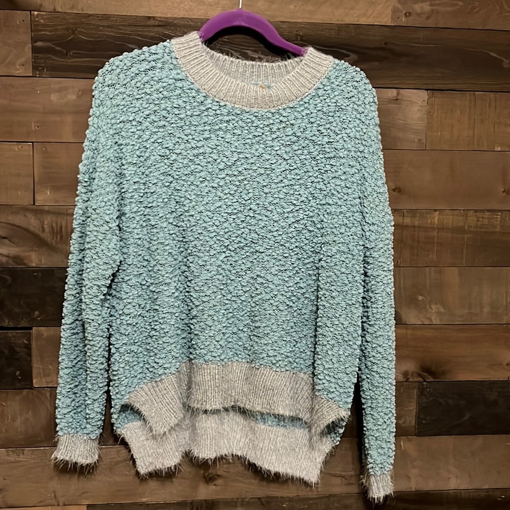 Listicle Popcorn Sweater Robins Egg and Gray